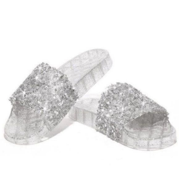 Shoes - !!RESTOCKED!! Embellished Sparkle Slides – Silver